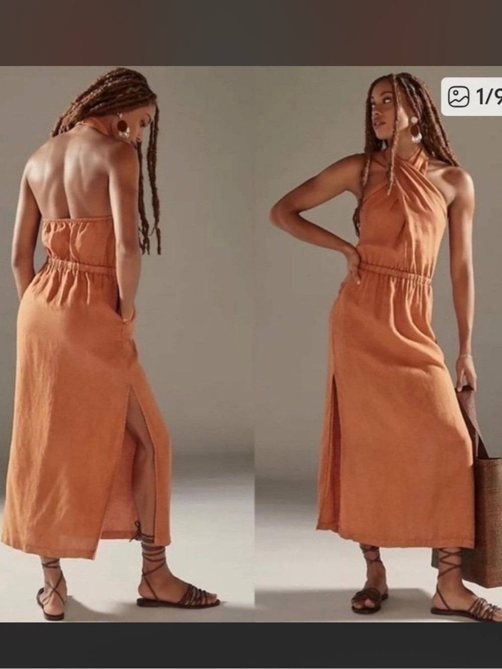 Anthropologie Rust Halter Backless Maxi Dress